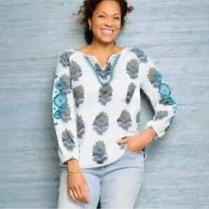 Talbots Womens LP Petite Large W/Green/Navy Paisley‎ Print Eyelet Sleeve